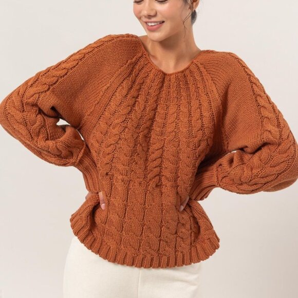 Cozy Cable-Knit Sweater in Rust - Round Neck, Raglan Sleeves - Picture 9 of 10